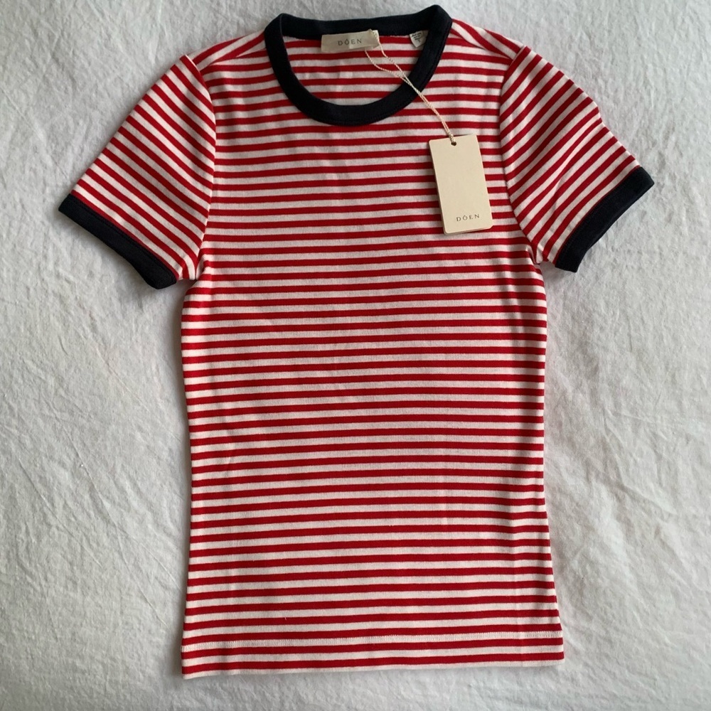 NWT Doen Vivi Cotton Ringer Crewneck T Shirt Top Rouge Nantucket Stripe Red
